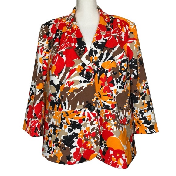 KASPER Plus Multicolor Red & Orange Abstract Floral Pattern Double Button Blazer - Picture 3 of 16